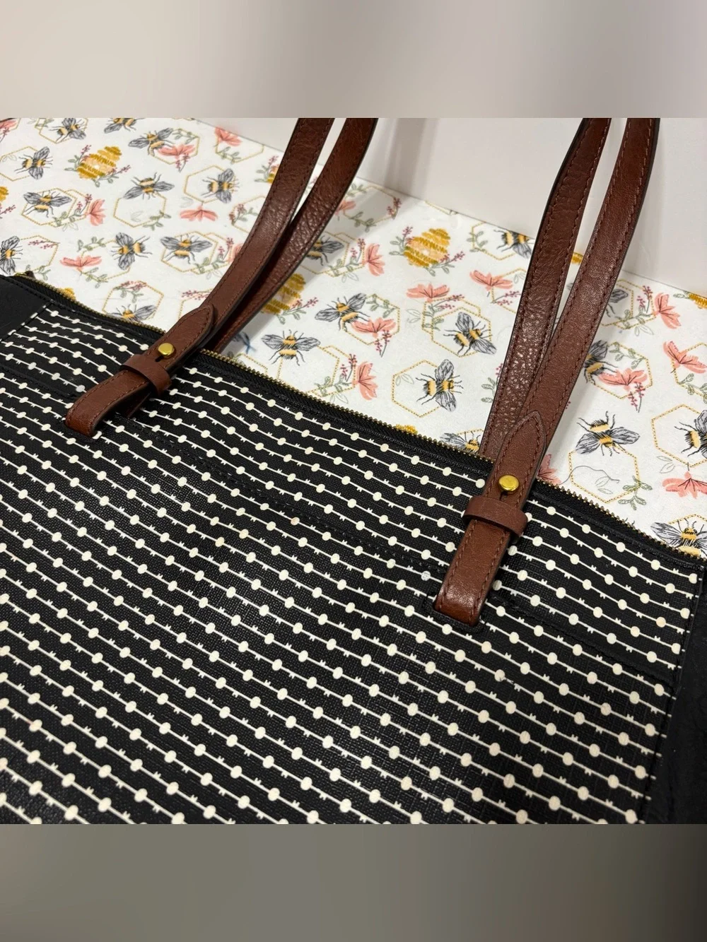 Fossil Black & White Dot-Striped Tote with Brown Leather Handles